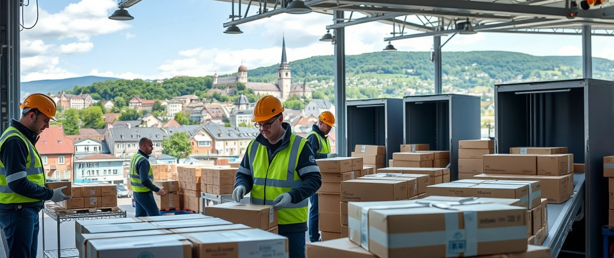 Ein Bild zeigt eine moderne Logistik-Anlage in Freiburg mit Arbeitern in Sicherheitskleidung, die Pakete sortieren, während im Hintergrund die historische Altstadt und grüne Hügel zu sehen sind. Technologie wie Roboter und E-Commerce-Verpackungen unterstreichen den innovativen Charakter der Branche.