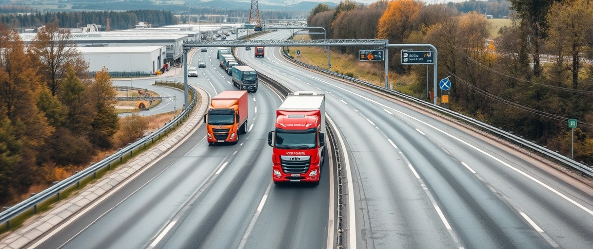 Ein dynamisches Bild mit LKWs auf einer Autobahn, umgeben von Lagerhallen und einem zentralen Straßennetz in Thüringen, das Geras Rolle als Logistikdrehkreuz symbolisiert – ohne Text.