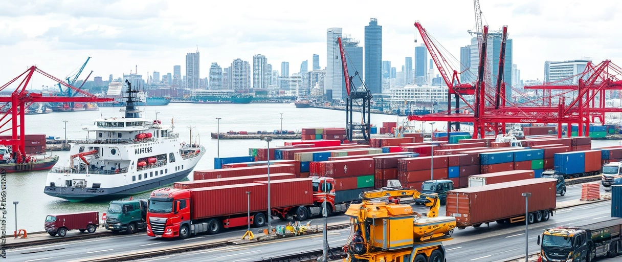 Ein dynamisches Hafenszenario mit Frachtschiffen, Kränen und Containern im Hamburger Hafen, umgeben von LKWs und Zugnetzwerken, vor der Skyline der Stadt. Arbeiter in Sicherheitsausrüstung und Bürogebäude symbolisieren vielfältige Jobmöglichkeiten in der Logistikbranche.
