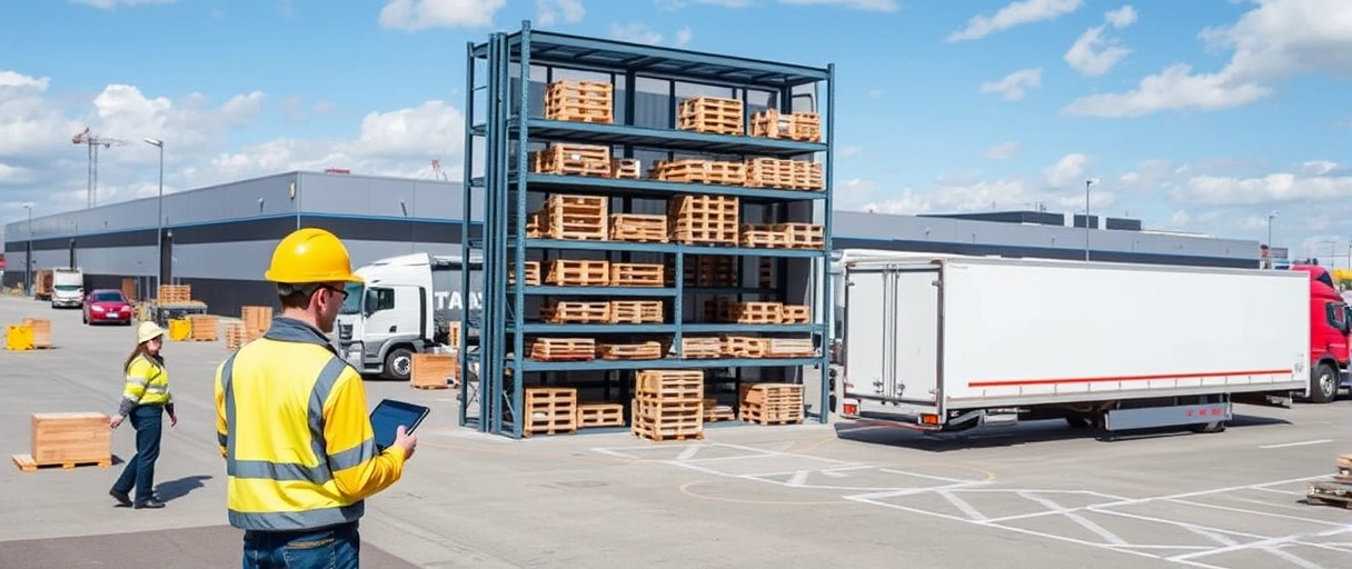Ein modernes Logistikzentrum in Hannover mit Arbeitern in Sicherheitskleidung, die Paletten verwalten und LKWs beladen, vor einer Skyline mit industriellen Gebäuden. Im Vordergrund checkt eine Person auf einem Tablet Stellenangebote vor einem Regal mit Kartons.