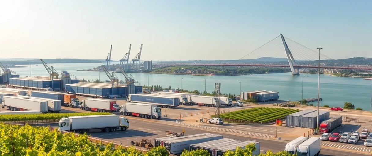 Ein dynamisches Panorama des Heilbronner Hafens mit LKWs, Lagerhallen und der Neckarbrücke im Hintergrund, kombiniert mit modernen Logistikrobotern und einer städtischen Skyline, die Weinberge am Horizont andeutet.