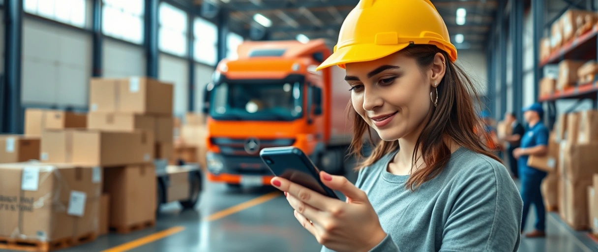 Eine Person sucht auf einem Smartphone nach Logistikjobs, umgeben von Paketen und einem LKW, während im Hintergrund Mitarbeiter in einer Lagerhalle arbeiten. Die Szene symbolisiert die vielfältigen Möglichkeiten in der Logistikbranche, von der Warenverwaltung bis zum Transport.