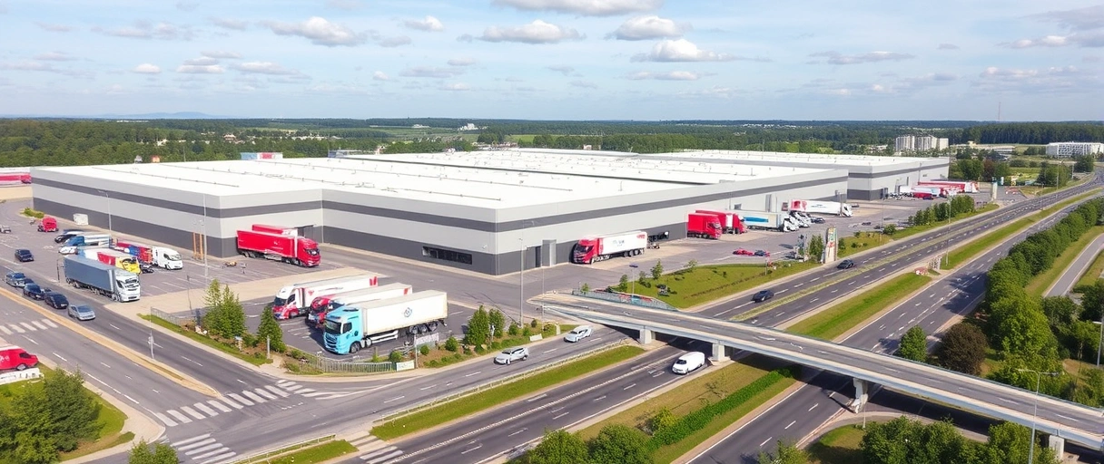 Ein modernes Logistikzentrum in Karlsruhe mit LKWs, Lagerhallen und Autobahnanschluss, umgeben von städtischer Infrastruktur und grüner Landschaft.