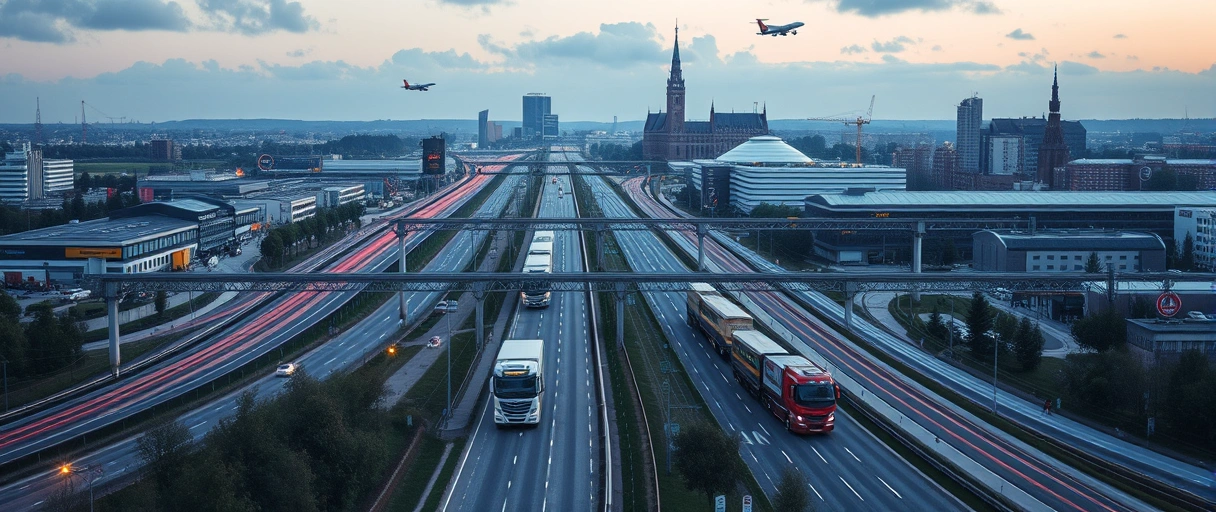 Ein Panorama von Leipzig mit Autobahnkreuzen, Güterzügen und Frachtflugzeugen im Hintergrund, vor modernen Logistikzentren und Lagerhallen. Im Vordergrund symbolisieren stilisierte Lkws, Paletten und ein dynamisches Netzwerk aus Transportrouten die pulsierende Logistikbranche der Stadt.