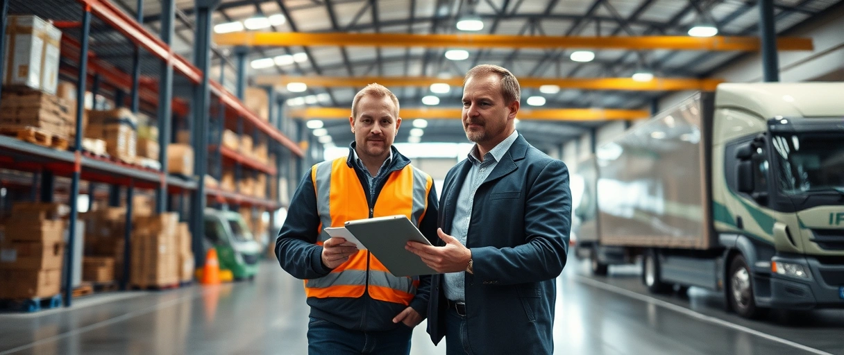 Ein professioneller Logistikleiter in einem modernen Lagerhaus, der mit einem Tablet in der Hand ein Team koordiniert, während im Hintergrund Lieferwagen und Regalsysteme zu sehen sind. Die dynamische Szene betont effiziente Abläufe, Technologieeinsatz und Führungskompetenz in einer branchentypischen Umgebung.