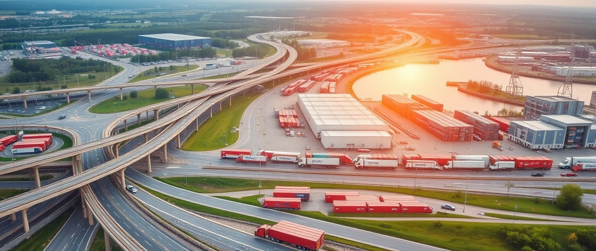 Das Bild zeigt ein Panorama von Mannheims Logistik-Infrastruktur mit Autobahnkreuzen, Lkw-Verkehr und dem industriellen Hafen. Im Vordergrund sind Container, Schiffe und Lagerhallen vor der städtischen Kulisse zu sehen, die die zentrale Verkehrsanbindung unterstreichen.