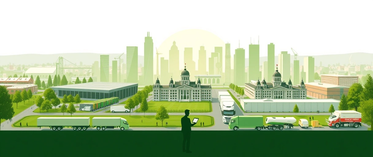 Eine moderne Stadtsilhouette Münchens mit Lagerhallen, LKWs und Logistikzentren im Vordergrund, umgeben von grünen Flächen und Industriegebäuden. Im Vordergrund arbeiten Menschen mit Tablets an Paletten oder in hochtechnisierten Lagerräumen.