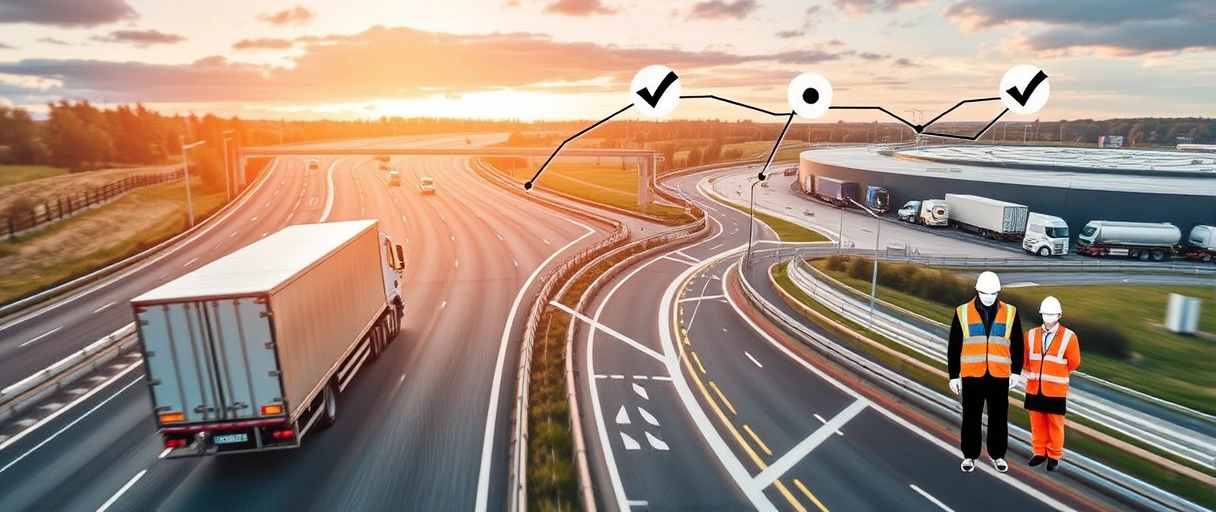 Ein dynamisches Bild zeigt Lastwagen auf Autobahnen, Lagerhallen mit Paletten und einem überlagerten Netzwerk aus Straßen und Routen in Niedersachsen, kombiniert mit Symbolen wie Checklisten oder Personen in Arbeitskleidung, die Chancen und Wachstum in der Logistikbranche symbolisieren.
