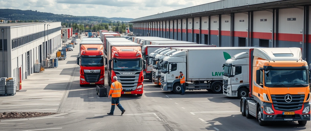 Ein dynamisches Logistikzentrum in Offenburg mit Mitarbeitern in Sicherheitsausrüstung, die Ware mit Gabelstaplern und LKWs verladen, während im Hintergrund die städtische Umgebung erkennbar ist. Die Szene zeigt moderne Lagerhallen und aktive Arbeitsprozesse, die den lebendigen Logistikstandort verdeutlichen.