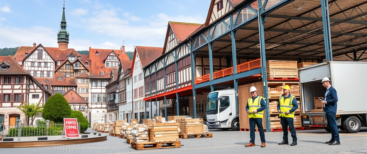 Ein Bild zeigt eine mittelalterliche Altstadt von Ravensburg mit Fachwerkhäusern im Hintergrund, während im Vordergrund moderne Logistikzentren, Lagerhallen und Mitarbeiter mit Paletten, Lkw und digitalen Tablets zu sehen sind. Verschiedene Berufsrollen wie Lagerarbeiter, Disponenten und Manager sind in typischen Arbeitsumgebungen dargestellt.