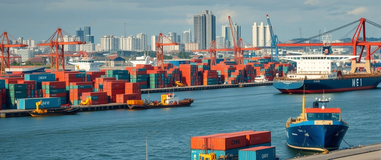 Ein dynamisches Hafenszenario in Rostock mit Kränen, Containern und Frachtschiffen, vor einer städtischen Skyline, während Arbeiter in Sicherheitswesten Logistikprozesse koordinieren.