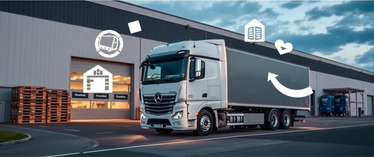 Ein LKW vor einem modernen Lagerhaus in einer industriellen Umgebung des Saarlands, umgeben von Symbolen wie Paletten und einem Fließband. Das Bild symbolisiert die dynamische Logistikbranche und Karrieremöglichkeiten in der Region.