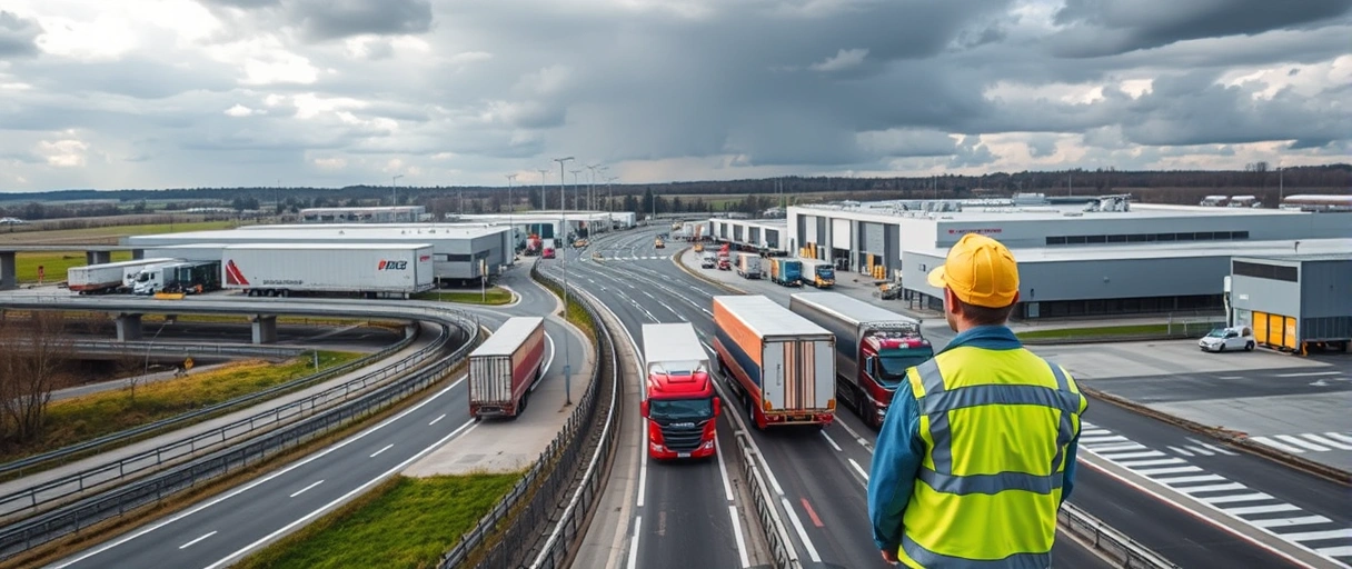 Ein Bild zeigt eine moderne Industrielandschaft in Schweinfurt mit Autobahnanschluss, Lagerhallen und LKWs vor Logistikzentren großer Unternehmen. Im Vordergrund sind Mitarbeiter in Sicherheitskleidung bei der Warenverladung oder Planung von Lieferketten zu sehen.