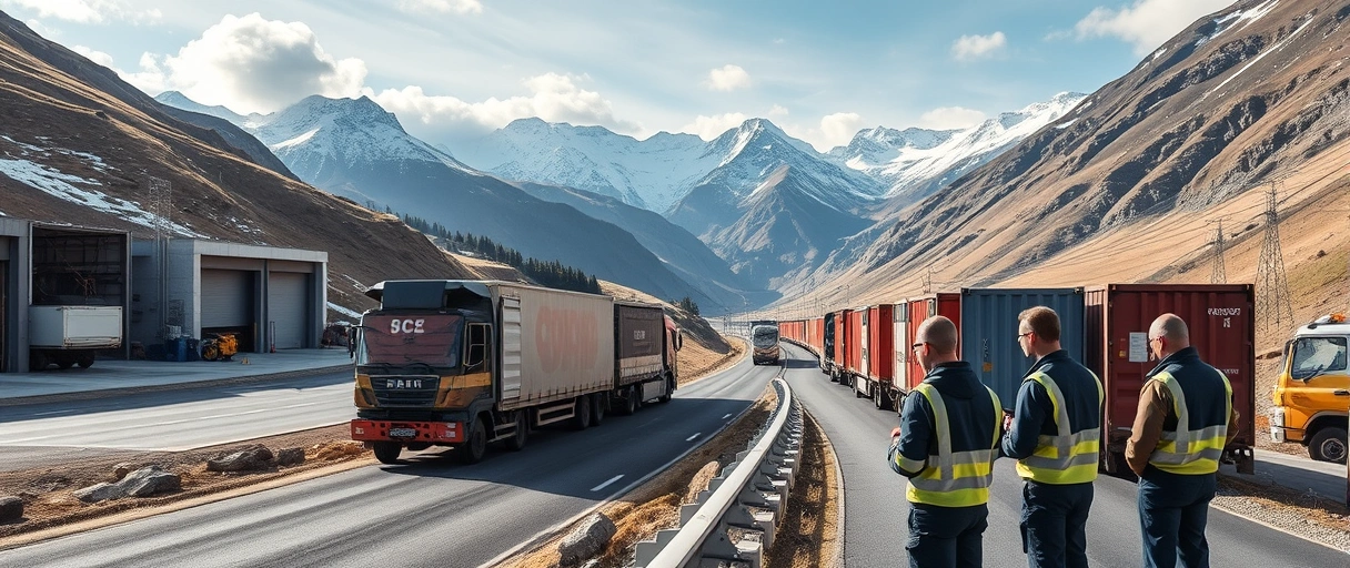 Ein Panorama der Schweizer Alpen mit Lastwagen auf kurvenreichen Bergstraßen, flankiert von modernen Lagerhallen mit Robotik und Mitarbeitern in Sicherheitsausrüstung. Im Vordergrund arbeiten Team-Mitglieder an Tablets neben Containern, während ein Zug durch ein Tal fährt.