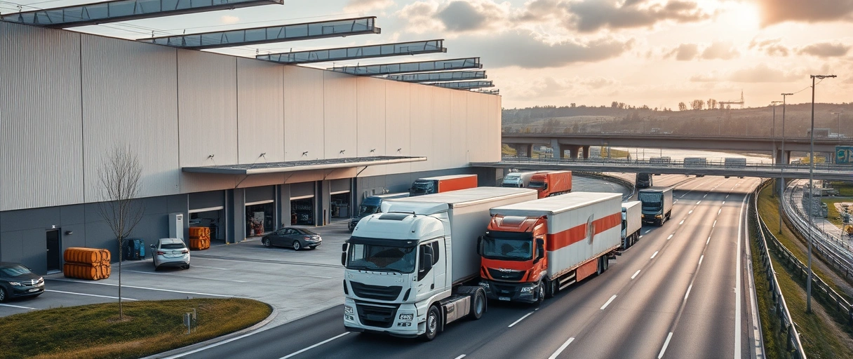 Ein modernes Logistikzentrum in Straubing mit Lagerhalle, Arbeitern in Sicherheitswesten, Lkw-Verladung und der Donau im Hintergrund. Die Szene zeigt eine dynamische Atmosphäre mit Autobahnanschluss und fließendem Gütertransport.