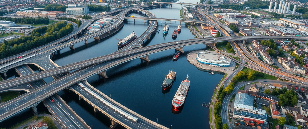 Ein dynamisches Bild zeigt ein Netzwerk aus Autobahnen, Schienen und der Donau mit Lastwagen, Zügen und Frachtschiffen im Herzen Ulms, umgeben von Lagerhallen und Industriegebäuden. Die Szene unterstreicht die verkehrsgünstige Lage der Stadt ohne Textelemente.