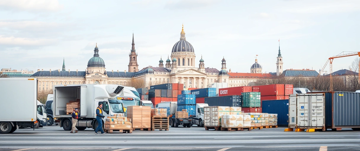 Ein Panorama der Wiener Skyline mit modernen Logistikzentren im Vordergrund, wo Mitarbeiter*innen Waren in LKWs verladen und Paletten mit Gabelstaplern transportieren, umgeben von Symbolen wie Schienen und Containern. Im Hintergrund sind ikonische Bauwerke wie der Stephansdom zu sehen, die die Verbindung zwischen Tradition und dynamischer Wirtschaft unterstreichen.