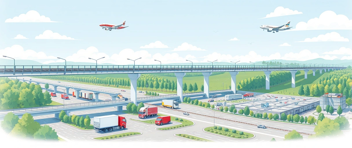 Eine Illustration der Wuppertaler Schwebebahn über einem Logistikpark mit Autobahnanschlüssen, LKWs und einem Flugzeug am Horizont, eingebettet in die typische Rheinland-Kulisse.