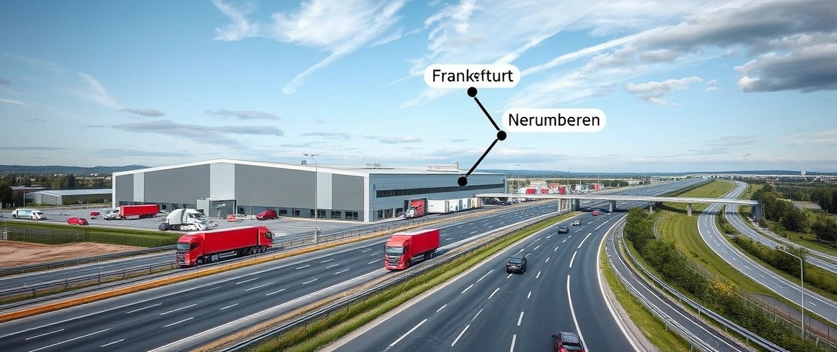 Ein modernes Logistikzentrum in Würzburg mit LKWs auf angrenzenden Autobahnen, dem Main im Hintergrund und umgeben von Symbolen wie Paketen, Autoteilen und Medikamenten. Die zentrale Lage wird durch eine stilisierte Karte mit Verbindungen nach Frankfurt und Nürnberg unterstrichen.