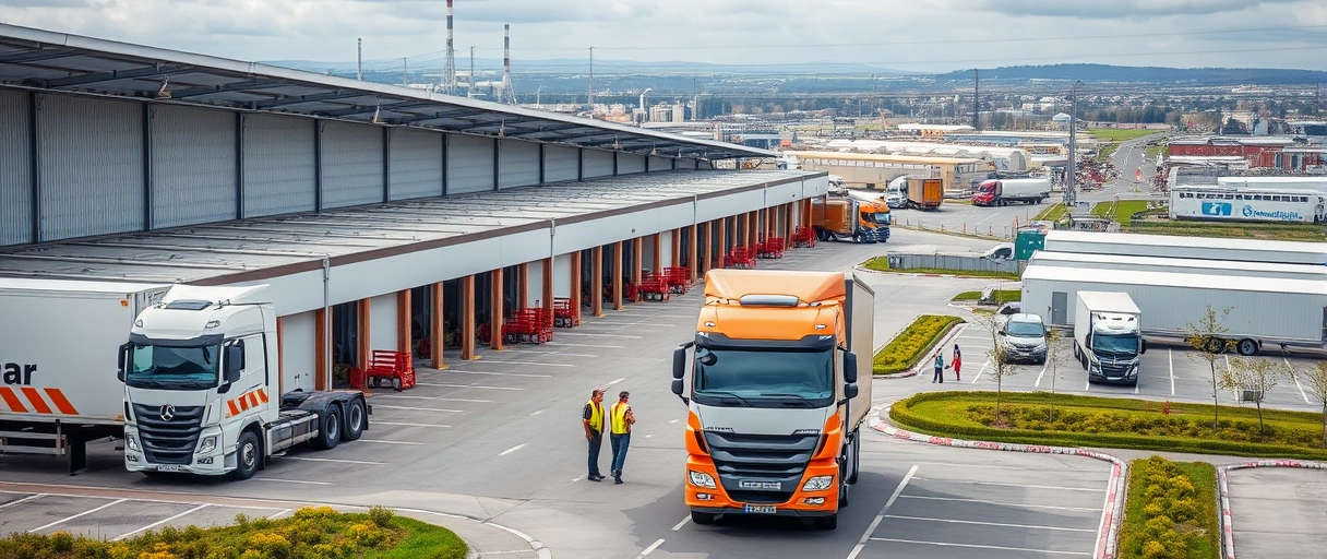 Ein Bild zeigt eine moderne Logistiklandschaft in Zwickau mit Lagerhallen, LKWs im Einsatz und Mitarbeitern in Arbeitskleidung, die Waren organisieren. Im Hintergrund sind Industriegebiete und vernetzte Transportwege zu sehen.