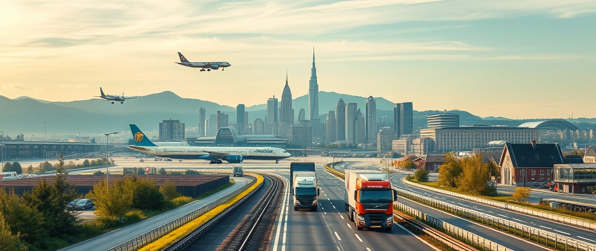 Ein dynamisches Panorama von Zürichs Skyline mit Frachtflugzeugen am Flughafen, Zügen auf Schienen und LKWs auf Autobahnen, während Fachkräfte im Vordergrund vernetzen, um die lebendige Logistikbranche darzustellen.