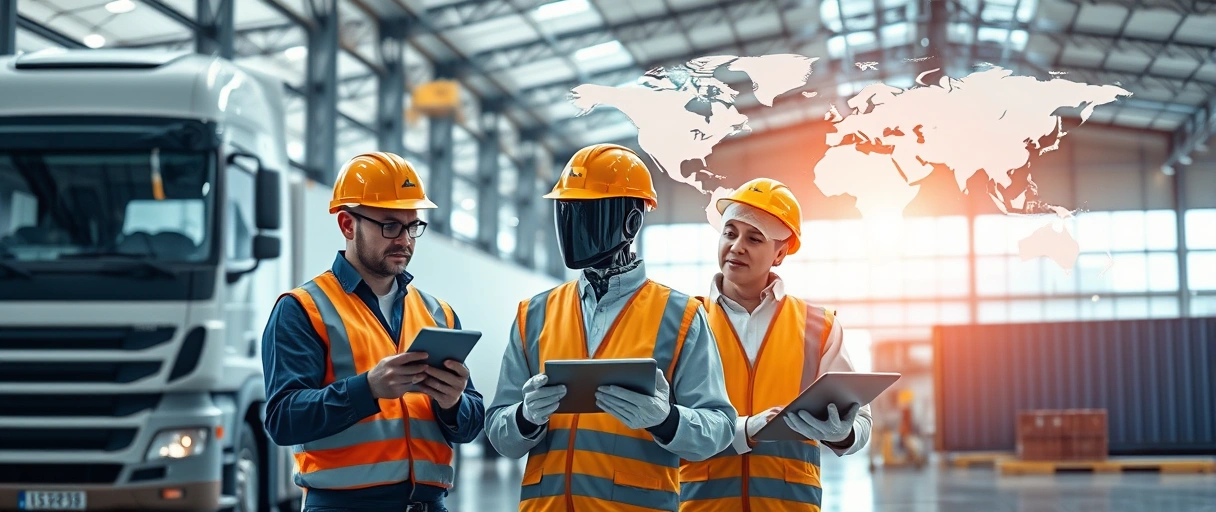 Ein dynamisches Bild zeigt Logistikmitarbeiter in einer modernen Lagerhalle, die mit Tablets und Robotern interagieren, während im Hintergrund LKWs und globale Lieferketten durch Container und eine Weltkarte symbolisiert werden.