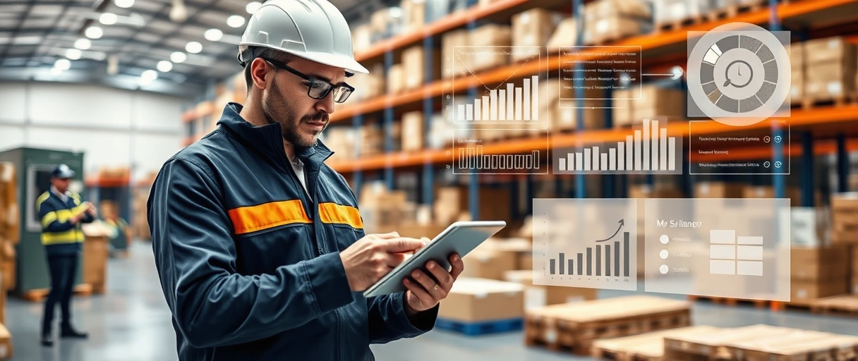 Ein dynamisches Bild zeigt einen Logistikmeister in moderner Lagerumgebung, der mit Tablet und Checkliste Prozesse optimiert, während im Hintergrund ein effizientes Team und visuelle Erfolgsindikatoren wie Diagramme zu sehen sind. Die Szene vermittelt Professionalität und messbare Ergebnisse durch klare visuelle Elemente ohne Text.