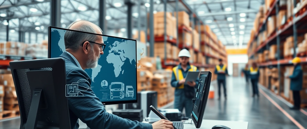 Ein dynamisches Bild zeigt einen Logistikplaner am Computer in einem modernen Lager mit digitalen Karten, Transporticons (LKW, Schiff) und Datenvisualisierungen. Im Hintergrund sind organisierte Regalreihen und Mitarbeiter mit Tablets zu sehen.