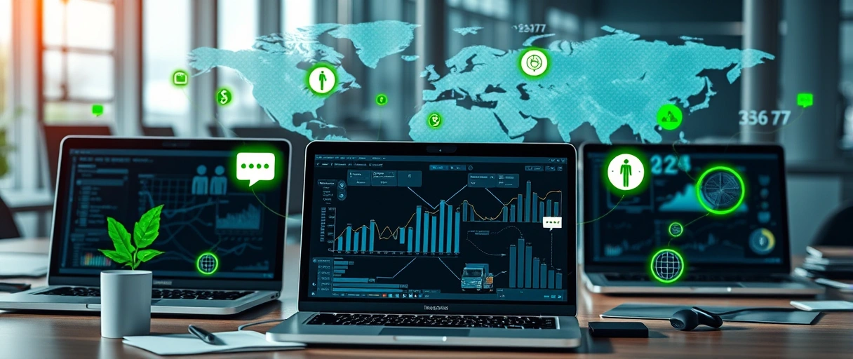 Ein dynamisches Büroumfeld mit Laptops, die Logistiknetzwerke und Datenanalysen anzeigen, umgeben von Symbolen für Nachhaltigkeit wie grünen Pfeilen und digitalen Tools. Im Hintergrund sind globale Lieferketten und vernetzte Transportmittel abstrakt dargestellt.