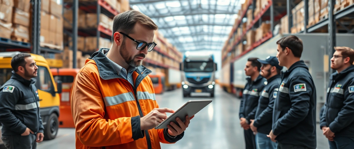 Ein Projektleiter in moderner Logistikumgebung analysiert Prozesse auf einem Tablet vor automatisierten Lagerregalen und nachhaltigen Transportmitteln, umgeben von einem dynamischen Team. Die Szene symbolisiert digitale Transformation und branchenübergreifende Logistiklösungen ohne Textelemente.