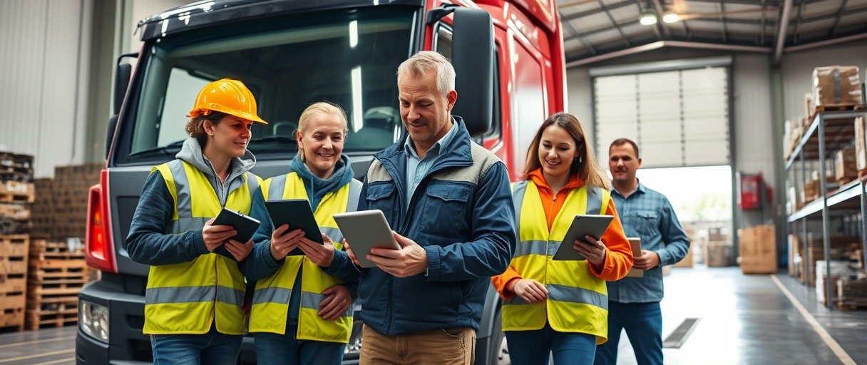 Ein dynamisches Bild zeigt junge Berufseinsteiger in einer modernen Lagerhalle, die mit Tablets und Checklisten an einem LKW arbeiten, begleitet von einem erfahrenen Mentor im Hintergrund. Die Szene vermittelt Teamarbeit, Technologieeinsatz und den Start in eine praxisnahe Logistikkarriere.
