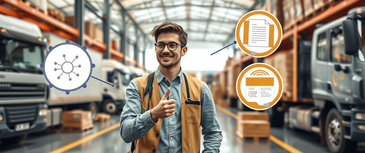 Ein dynamisches Bild zeigt einen jungen Profi in moderner Logistikumgebung, umgeben von LKWs, Paletten und digitalen Tools, während er mit Kollegen interagiert. Symbole wie Netzwerk-Händedrucke, Lebenslauf-Dokumente und Schulungszertifikate visualisieren zentrale Bewerbungstipps.