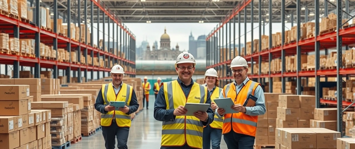 Ein dynamisches Lager mit Mitarbeitern, die mit Gabelstaplern und Tablets in einem modernen Logistikzentrum arbeiten, vor einer stilisierten Skyline Berlins. Regalreihen, Verpackungen und digitale Geräte unterstreichen die effiziente Arbeitsumgebung.