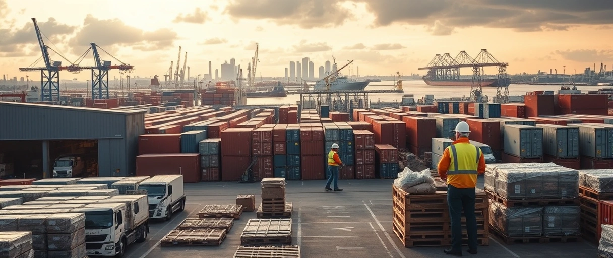 Ein dynamisches Hafengebiet in Hamburg mit Lagerhallen, Kränen und Containern im Vordergrund, während im Hintergrund die Skyline der Stadt mit Industrieanlagen und Schiffen auf der Elbe zu sehen ist. Arbeiter in Sicherheitskleidung organisieren Waren, während Gabelstapler Paletten transportieren, um die rege Logistikaktivität zu verdeutlichen.