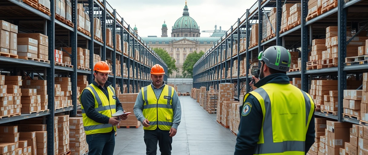 Ein modernes Lager mit Mitarbeitern in Sicherheitskleidung, die mit Gabelstaplern und digitalen Geräten Waren organisieren, vor der Silhouette der Wiener Innenstadt. Regalreihen, Kartons und technische Ausstattung unterstreichen die effiziente Logistikumgebung.