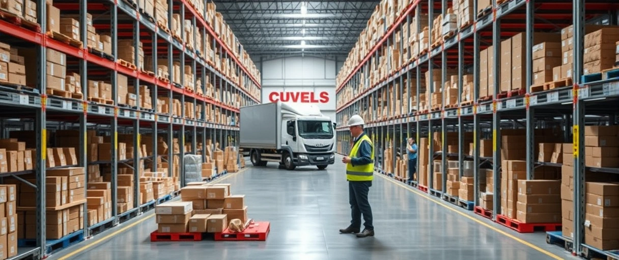 Ein modernes Lager mit Regalreihen, Gabelstaplern und Arbeitern in Sicherheitskleidung, die Pakete sortieren oder digitale Geräte bedienen. Im Hintergrund sind stapelbare Kisten und ein Lkw zur Veranschaulichung der logistischen Abläufe zu sehen.