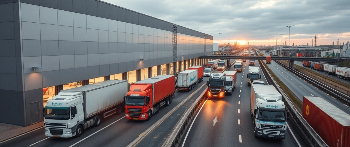 Ein modernes Lagerhaus mit Lkw-Verkehr und Kranen im Dortmunder Hafen, umgeben von Autobahnanschlüssen und Industriegebäuden, während Mitarbeiter in Sicherheitskleidung Waren organisieren. Die Szene spiegelt die dynamische Logistik-Infrastruktur mit ansässigen Großunternehmen wider.