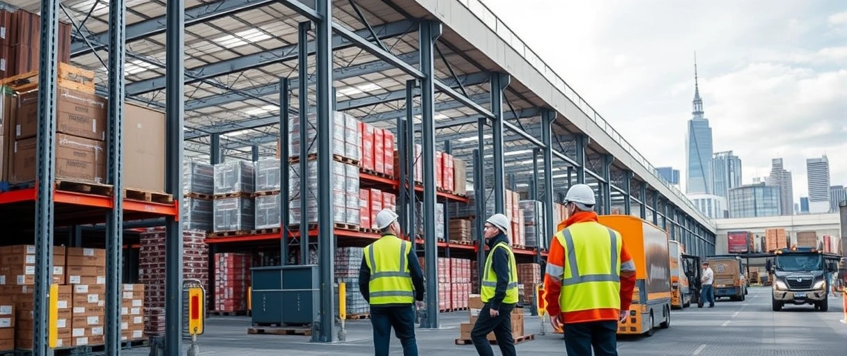 Ein modernes Logistikzentrum in Dresden mit Gabelstaplern, Regalreihen und Mitarbeitern in Sicherheitskleidung bei der Arbeit, vor der Skyline der Stadt. Dynamische Atmosphäre mit Technologieeinsatz und fokussierten Teams im Lagerbereich.