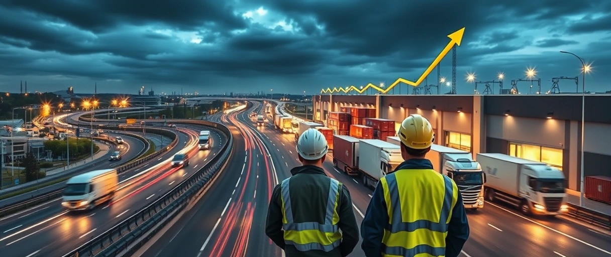 Ein dynamisches Stadtpanorama von Leipzig mit Autobahnen, Frachtzügen und dem Flughafen, umgeben von Logistikzentren und LKWs im Einsatz. Im Vordergrund sind Arbeiter in Sicherheitskleidung zu sehen, die vor einer modernen Lagerhalle mit stapelten Containern und einem symbolischen Aufwärtstrend für Wachstum stehen.