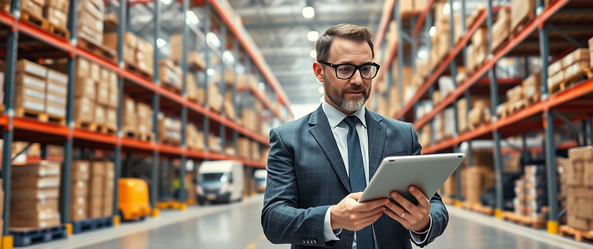 Ein professionell gekleideter Logistikleiter analysiert organisatorische Abläufe in einem modernen Lager mit Regalen und Transportfahrzeugen, während er strategisch auf einem Tablet plant. Seine entschlossene Körpersprache und das dynamische Umfeld unterstreichen Führungskompetenz und Karriereambitionen.