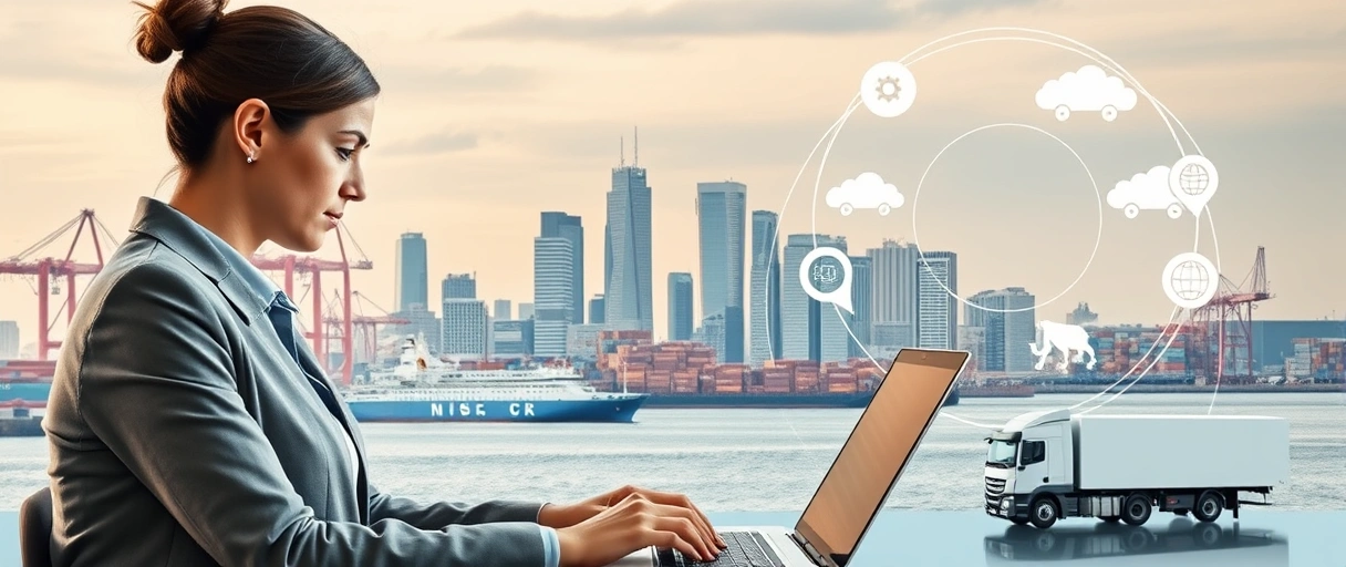 Ein dynamisches Bild zeigt die Hamburger Skyline mit Hafenkränen und Containern im Vordergrund, während eine professionelle Führungskraft in einem modernen Logistikbüro vor einem Laptop und globalen Transportsymbolen wie Schiffen und LKWs agiert.