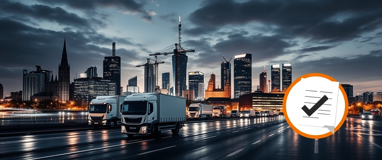 Ein dynamisches Bild zeigt die Kölner Skyline mit Logistik-Symbolen wie LKWs, Lagerhallen und einem professionellen Leiter, der ein Team in einem modernen Lagerumfeld führt. Im Vordergrund sind stilisierte Bewerbungsunterlagen und ein Checklisten-Icon zu sehen, die Karrieremöglichkeiten andeuten.