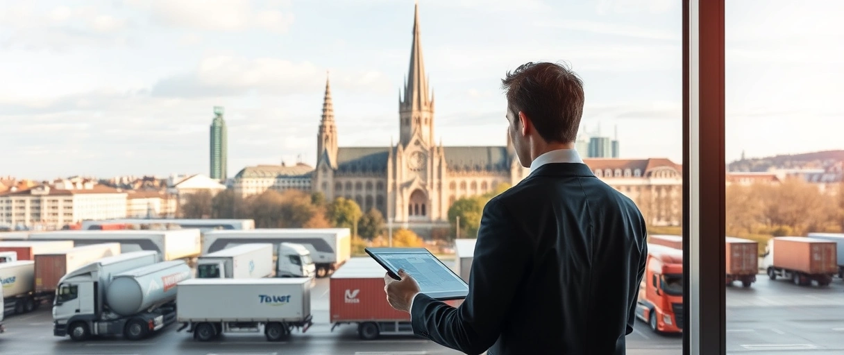 Ein professioneller Leiter Logistik in Businesskleidung analysiert in einem modernen Lager mit Blick auf die Münchner Skyline digitale Unterlagen, umgeben von effizient organisierten Lieferketten und Logistikfahrzeugen. Im Hintergrund sind typische Münchner Architekturelemente wie die Frauenkirche angedeutet, die den Standort unterstreichen.