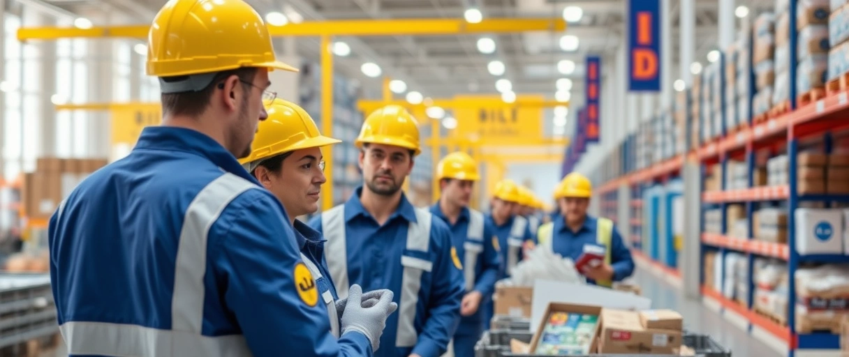 Ein modernes Lidl-Logistikzentrum mit Mitarbeitenden in einheitlicher Arbeitskleidung, die Waren mithilfe von Gabelstaplern und Förderbändern koordiniert. Die helle, strukturierte Lagerhalle spiegelt effiziente Abläufe und teamorientierte Arbeitsprozesse wider.