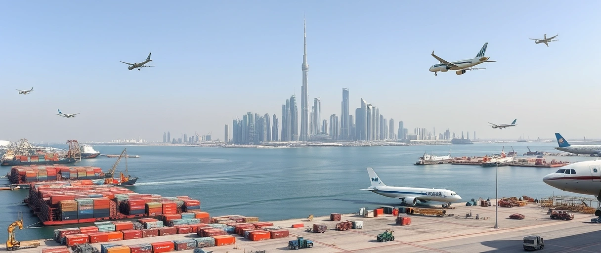 Ein Panorama des geschäftigen Jebel Ali-Hafens mit Containerschiffen und Kränen vor Dubais futuristischer Skyline, daneben Frachtflugzeuge auf dem Dubai International Airport und Logistikmitarbeiter in Sicherheitsausrüstung bei der Arbeit.