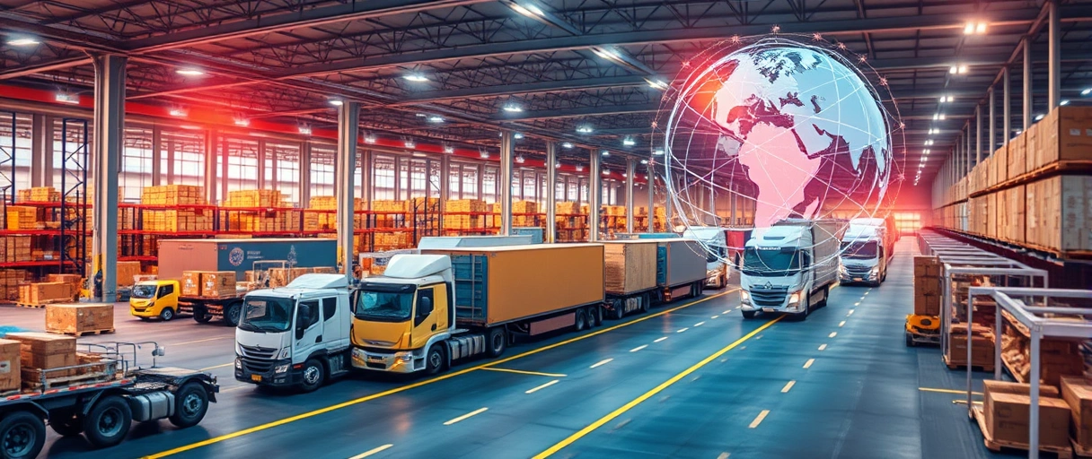 Ein dynamisches Bild zeigt ein geschäftiges Logistikzentrum mit Lastwagen, Lagerhallen und Mitarbeitern, die Waren organisieren, während digitale Displays Supply-Chain-Netzwerke und ein Globus die globale Vernetzung symbolisieren. Die Szenerie strahlt Modernität, Innovation und Wachstum durch lebhafte Farben und rege Aktivität aus.