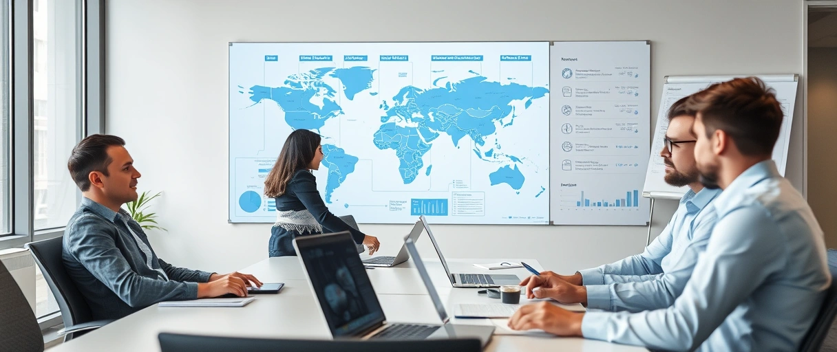 Ein Bild zeigt professionelle Berater in einem modernen Büro, die vor einer digitalen Weltkarte und Logistik-Diagrammen arbeiten, während sie in einem Team Meeting strategische Pläne besprechen. Im Hintergrund sind Laptops mit Datenvisualisierungen und ein Whiteboard mit Prozessskizzen zu sehen.