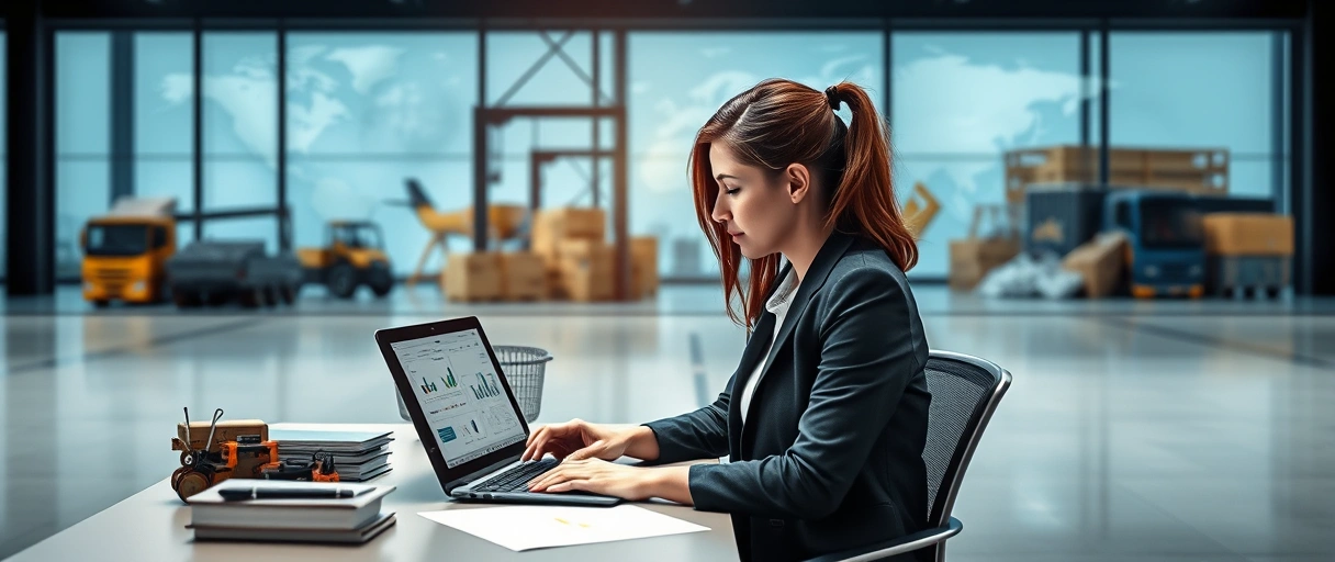 Ein dynamisches Büroumfeld mit einer Person, die vor einem Laptop und Finanzcharts arbeitet, umgeben von Logistiksymbolen wie Lieferwagen, Weltkarten und Lagerhallen im Hintergrund. Im Fokus stehen professionelle Analysen und strategische Planung ohne sichtbaren Text.