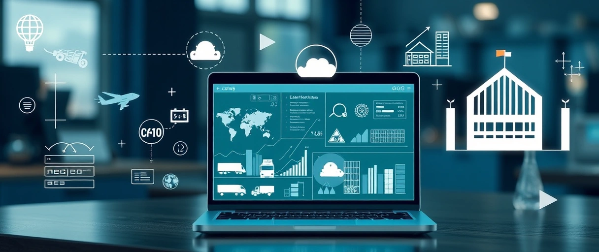 Ein professioneller Arbeitsplatz mit einem Laptop, der Datenvisualisierungen und Logistikprozesse wie Lieferketten, Transporte und Lagerhaltung zeigt, umgeben von Symbolen wie Globus, Diagrammen und einem stiliserten Lagerhaus. Die Szene vermittelt Effizienz, strategische Planung und digitale Innovation in der Logistikbranche.
