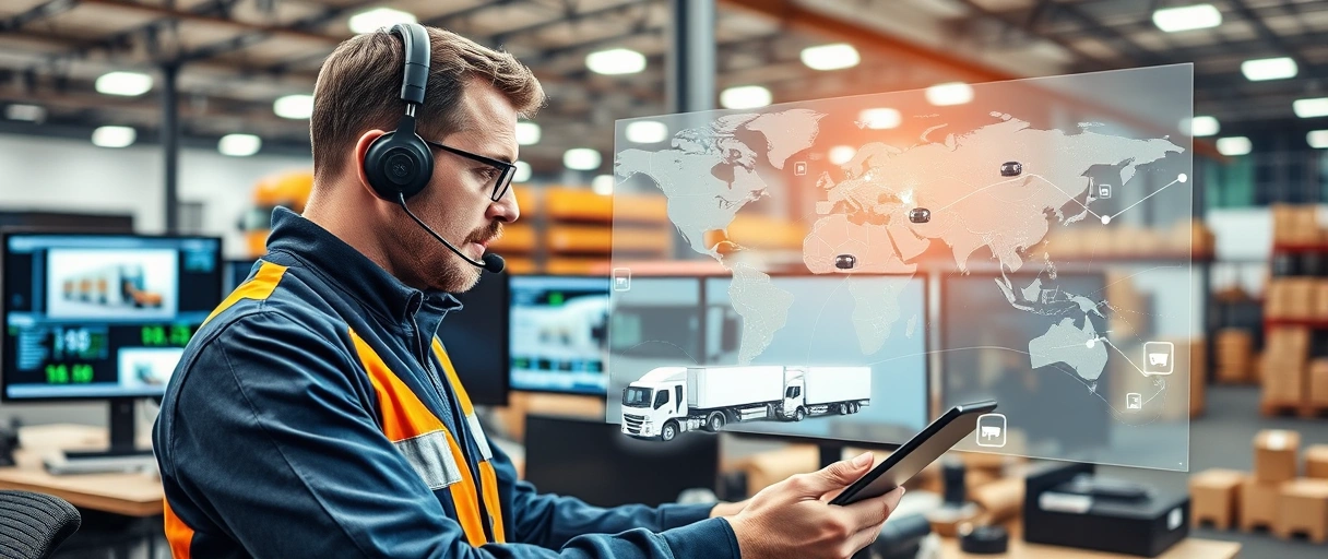 Ein Logistik-Disponent plant dynamisch Transportrouten vor einer digitalen Karte mit LKW-Symbolen, während er per Headset kommuniziert – im Hintergrund sind Lagerhallen, Kühltransporte und E-Commerce-Pakete zu sehen. Die Szene zeigt eine organisierte Arbeitsumgebung mit Monitoren, Fahrplänen und globalen Liefernetzwerken.